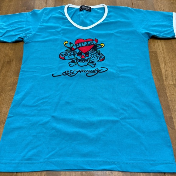 Ed Hardy T-shirt women's small embroidered love kills slowly skull heart y2k - Picture 3 of 7